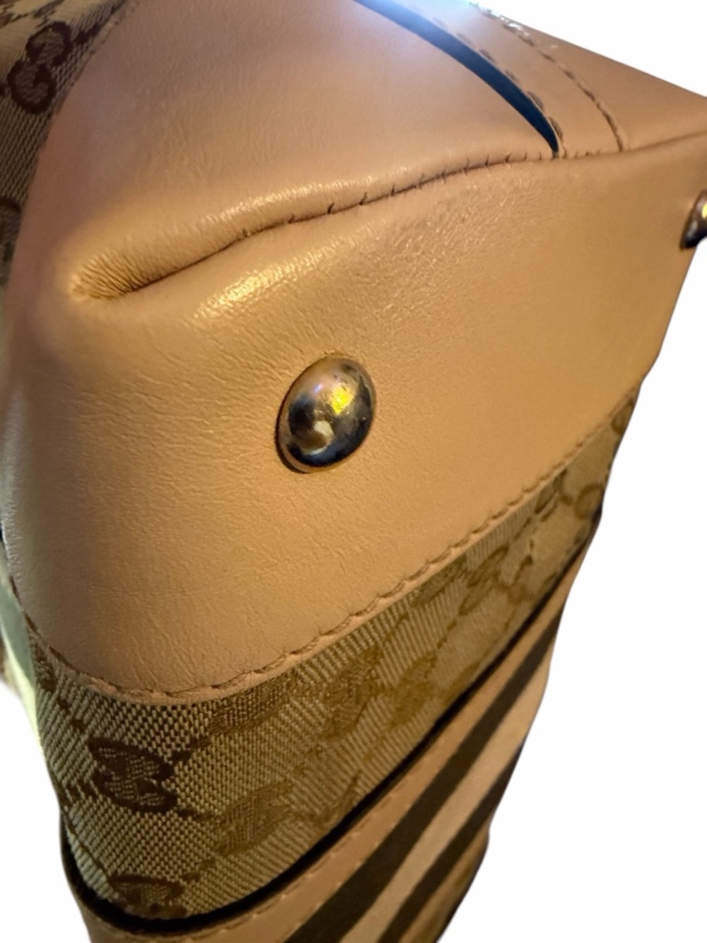 ✨ PRISTINE ✨ Gucci GG Monogram Canvas Web Stripe Tote Bag – Tan Leather - Picture 13 of 14